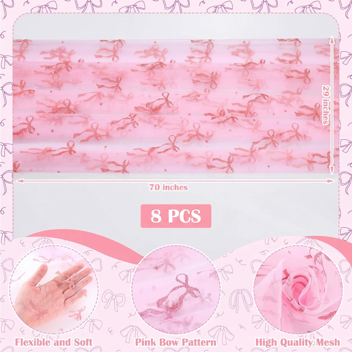 8 Pcs Pink Bow Table Runners 29 x 70 in Pink Bow Tablecloth