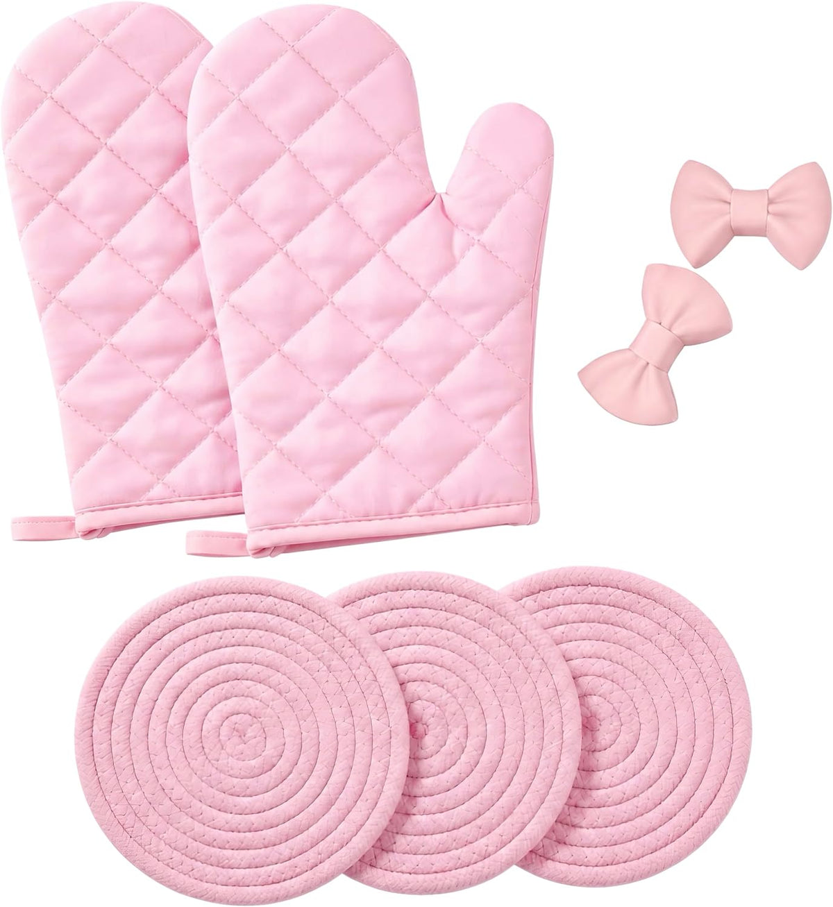 Pink Oven Mitts and Pot Holders Set, 7-Piece Heat Resistant Kitchen Gift with Cooking Gloves, Bow Handle Holder & 3 Trivets | Pink Kitchen Accessories for Women, Baking