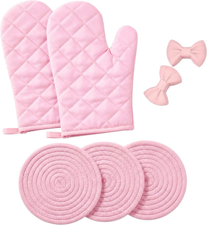 Pink Oven Mitts and Pot Holders Set, 7-Piece Heat Resistant Kitchen Gift with Cooking Gloves, Bow Handle Holder & 3 Trivets | Pink Kitchen Accessories for Women, Baking