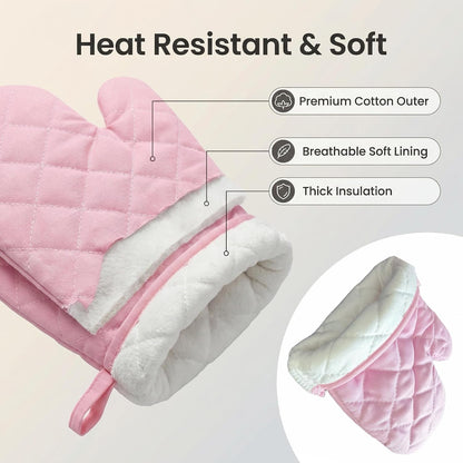 Pink Oven Mitts and Pot Holders Set, 7-Piece Heat Resistant Kitchen Gift with Cooking Gloves, Bow Handle Holder & 3 Trivets | Pink Kitchen Accessories for Women, Baking