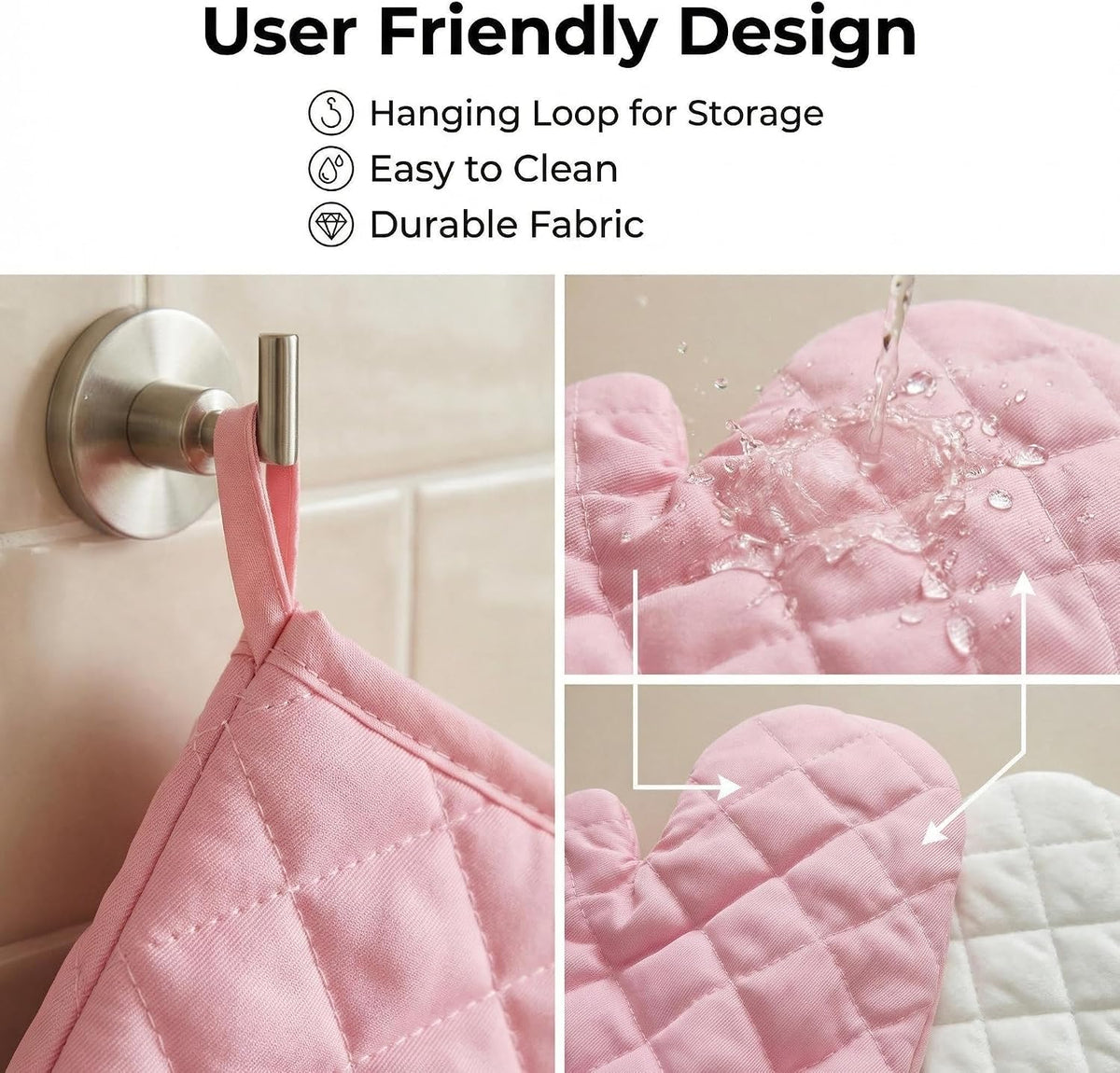 Pink Oven Mitts and Pot Holders Set, 7-Piece Heat Resistant Kitchen Gift with Cooking Gloves, Bow Handle Holder & 3 Trivets | Pink Kitchen Accessories for Women, Baking