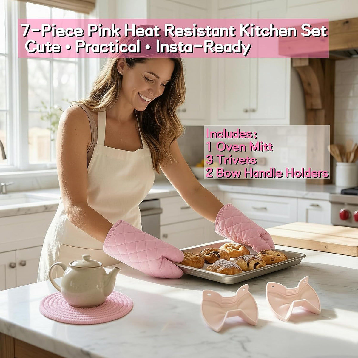 Pink Oven Mitts and Pot Holders Set, 7-Piece Heat Resistant Kitchen Gift with Cooking Gloves, Bow Handle Holder & 3 Trivets | Pink Kitchen Accessories for Women, Baking