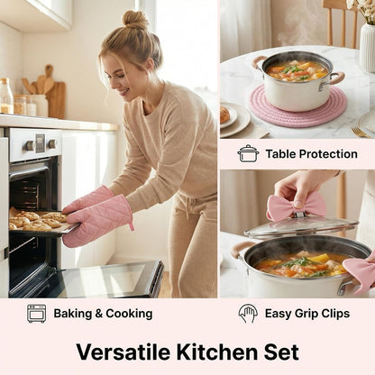 Pink Oven Mitts and Pot Holders Set, 7-Piece Heat Resistant Kitchen Gift with Cooking Gloves, Bow Handle Holder & 3 Trivets | Pink Kitchen Accessories for Women, Baking