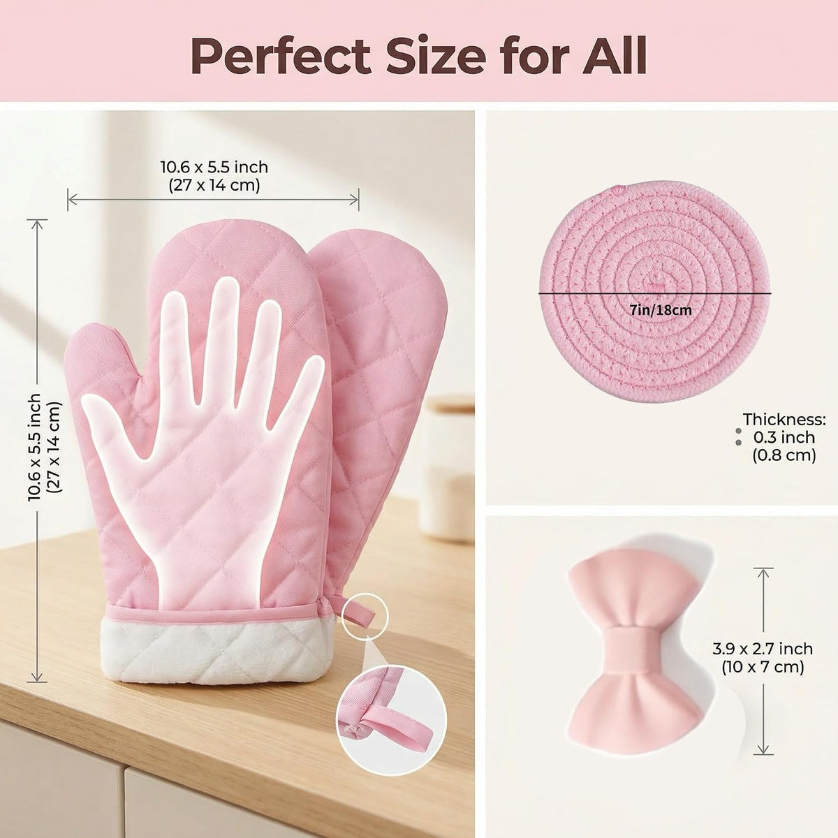 Pink Oven Mitts and Pot Holders Set, 7-Piece Heat Resistant Kitchen Gift with Cooking Gloves, Bow Handle Holder & 3 Trivets | Pink Kitchen Accessories for Women, Baking
