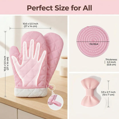 Pink Oven Mitts and Pot Holders Set, 7-Piece Heat Resistant Kitchen Gift with Cooking Gloves, Bow Handle Holder & 3 Trivets | Pink Kitchen Accessories for Women, Baking