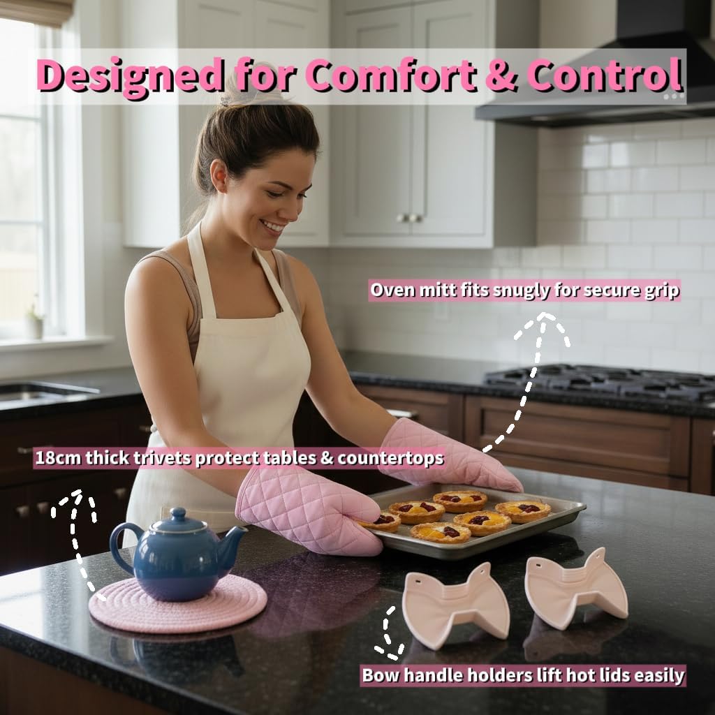 Pink Oven Mitts and Pot Holders Set, 7-Piece Heat Resistant Kitchen Gift with Cooking Gloves, Bow Handle Holder & 3 Trivets | Pink Kitchen Accessories for Women, Baking