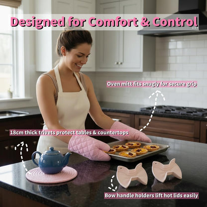 Pink Oven Mitts and Pot Holders Set, 7-Piece Heat Resistant Kitchen Gift with Cooking Gloves, Bow Handle Holder & 3 Trivets | Pink Kitchen Accessories for Women, Baking