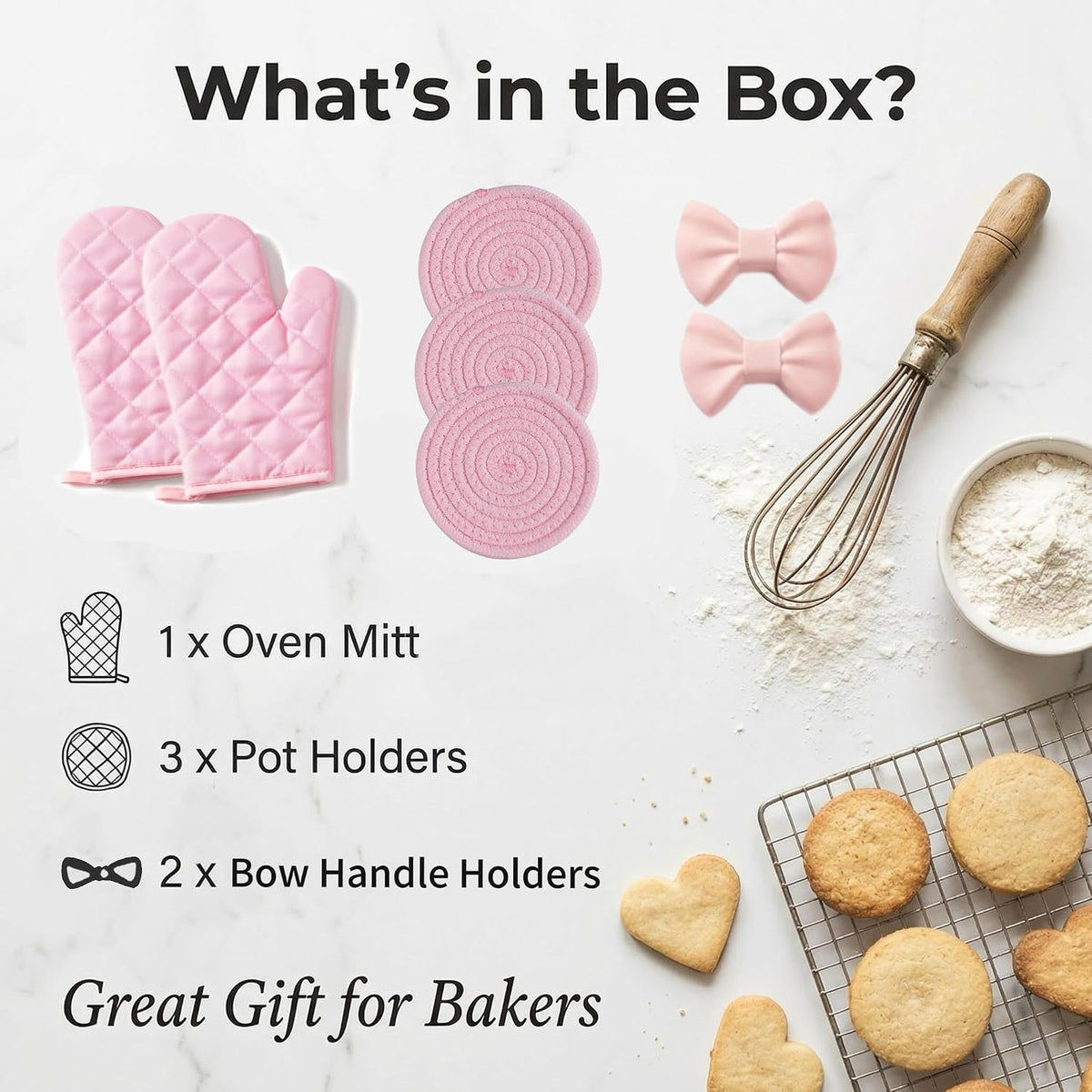 Pink Oven Mitts and Pot Holders Set, 7-Piece Heat Resistant Kitchen Gift with Cooking Gloves, Bow Handle Holder & 3 Trivets | Pink Kitchen Accessories for Women, Baking