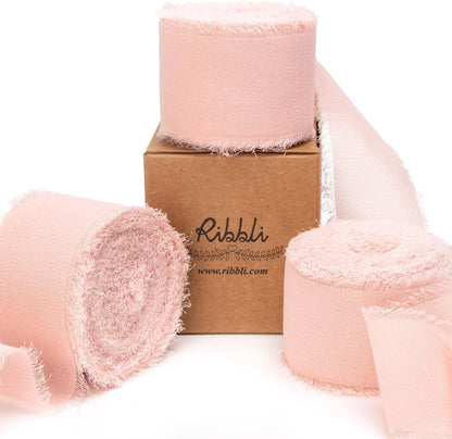 Blush Pink Chiffon Ribbon - 1-1/2 inch x 30 Yard Handmade Fringe, Perfect for Wedding Invitations, Bridal Bouquets & Flower Arrangements