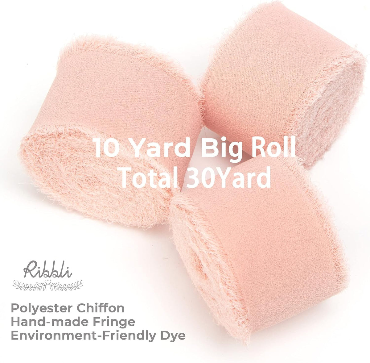 Blush Pink Chiffon Ribbon - 1-1/2 inch x 30 Yard Handmade Fringe, Perfect for Wedding Invitations, Bridal Bouquets & Flower Arrangements