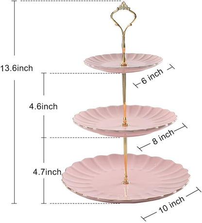 Sweejar 3 Tier Ceramic Cake Stand Wedding, Dessert Cupcake Stand for Tea Party Serving Platter (Pink)