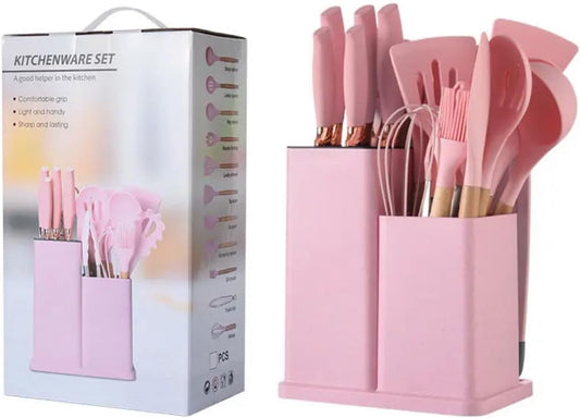 19 Piece Kitchenware Utensils and Knife Set- includes: 9 Piece Silicone Cooking Utensils- 5 Piece Sharp Stainless Steel Chef Knives- Scissors -Whisk Tongs and Cutting Board (Pink)