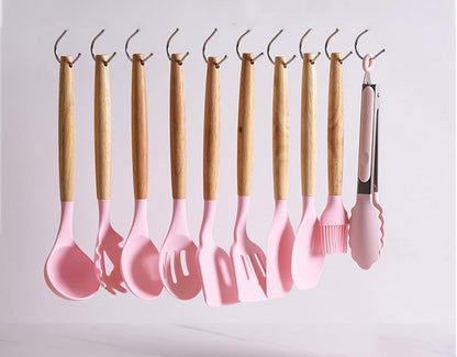 19 Piece Kitchenware Utensils and Knife Set- includes: 9 Piece Silicone Cooking Utensils- 5 Piece Sharp Stainless Steel Chef Knives- Scissors -Whisk Tongs and Cutting Board (Pink)