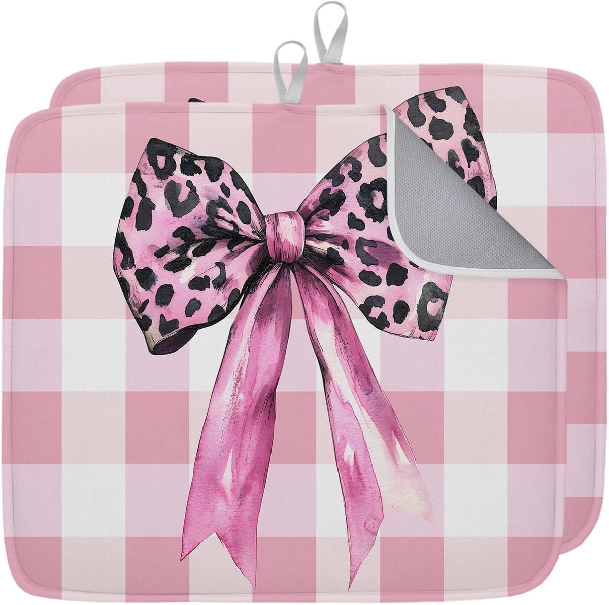 Dish Drying Mat Pink Leopard Bow Kitchen Counter Drying Pad for Dishes Glasses Cups and Cookware Pink White Check Absorbent Dish Drying Mat Machine Washable Kitchen Accessories 2 Pack 16" x 18"