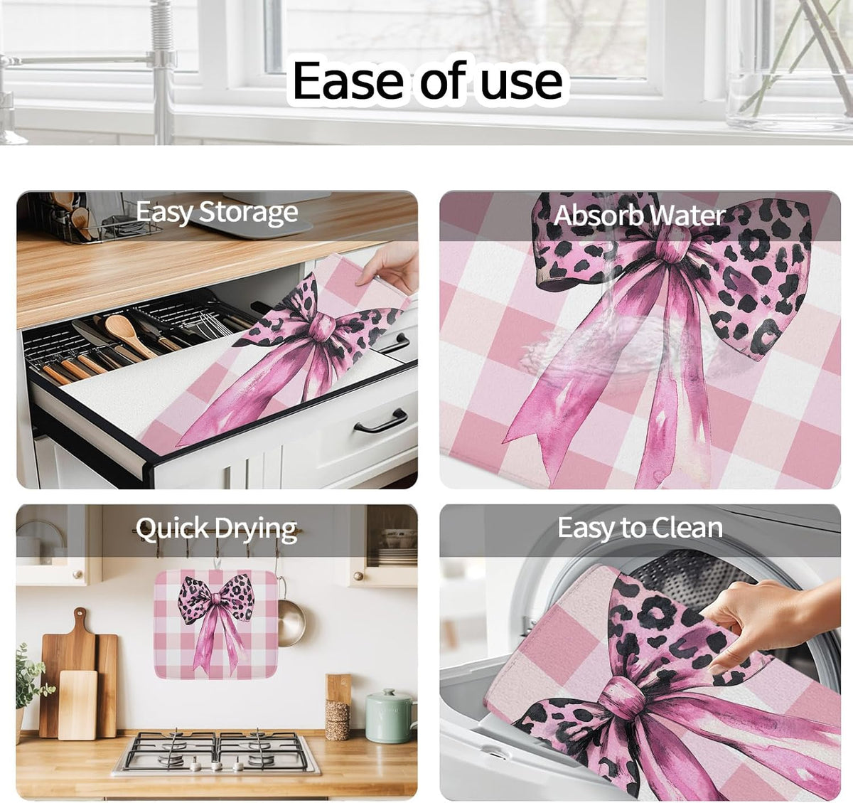 Dish Drying Mat Pink Leopard Bow Kitchen Counter Drying Pad for Dishes Glasses Cups and Cookware Pink White Check Absorbent Dish Drying Mat Machine Washable Kitchen Accessories 2 Pack 16" x 18"