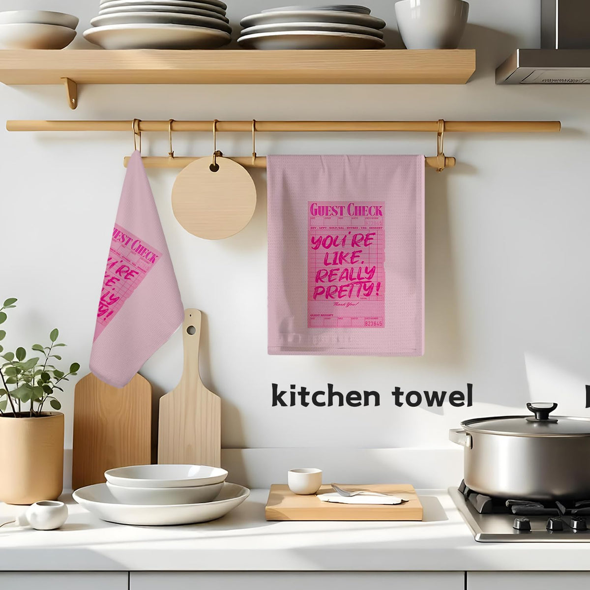 Funky Retro Pink Kitchen Towels, Preppy Pink Guest Check Hand Towels for Bathroom, You're Like Really Pretty Inspirational Dish Towels, Girly Bathroom Decor, Pink Kitchen Decor, 16x24 Inch