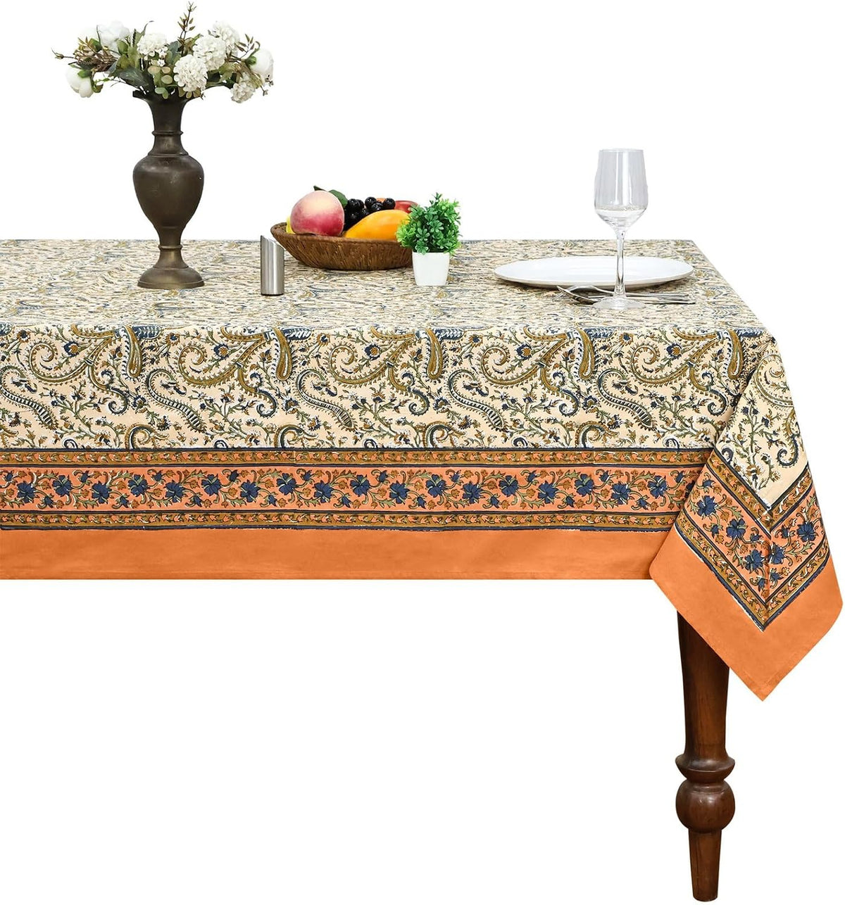 72x118 Inches Rectangle Hand Block Printed Cotton Tablecloth, Peach Blue Floral Table Cloths Washable, Indian Table Linen for Outdoor Thanksgiving Gifts Home Decor Dinning Outdoor