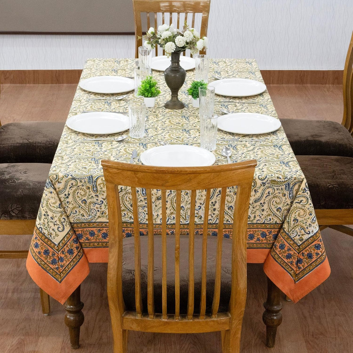 72x118 Inches Rectangle Hand Block Printed Cotton Tablecloth, Peach Blue Floral Table Cloths Washable, Indian Table Linen for Outdoor Thanksgiving Gifts Home Decor Dinning Outdoor