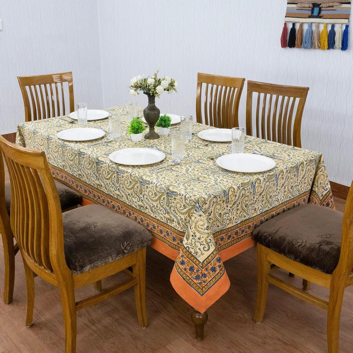 72x118 Inches Rectangle Hand Block Printed Cotton Tablecloth, Peach Blue Floral Table Cloths Washable, Indian Table Linen for Outdoor Thanksgiving Gifts Home Decor Dinning Outdoor