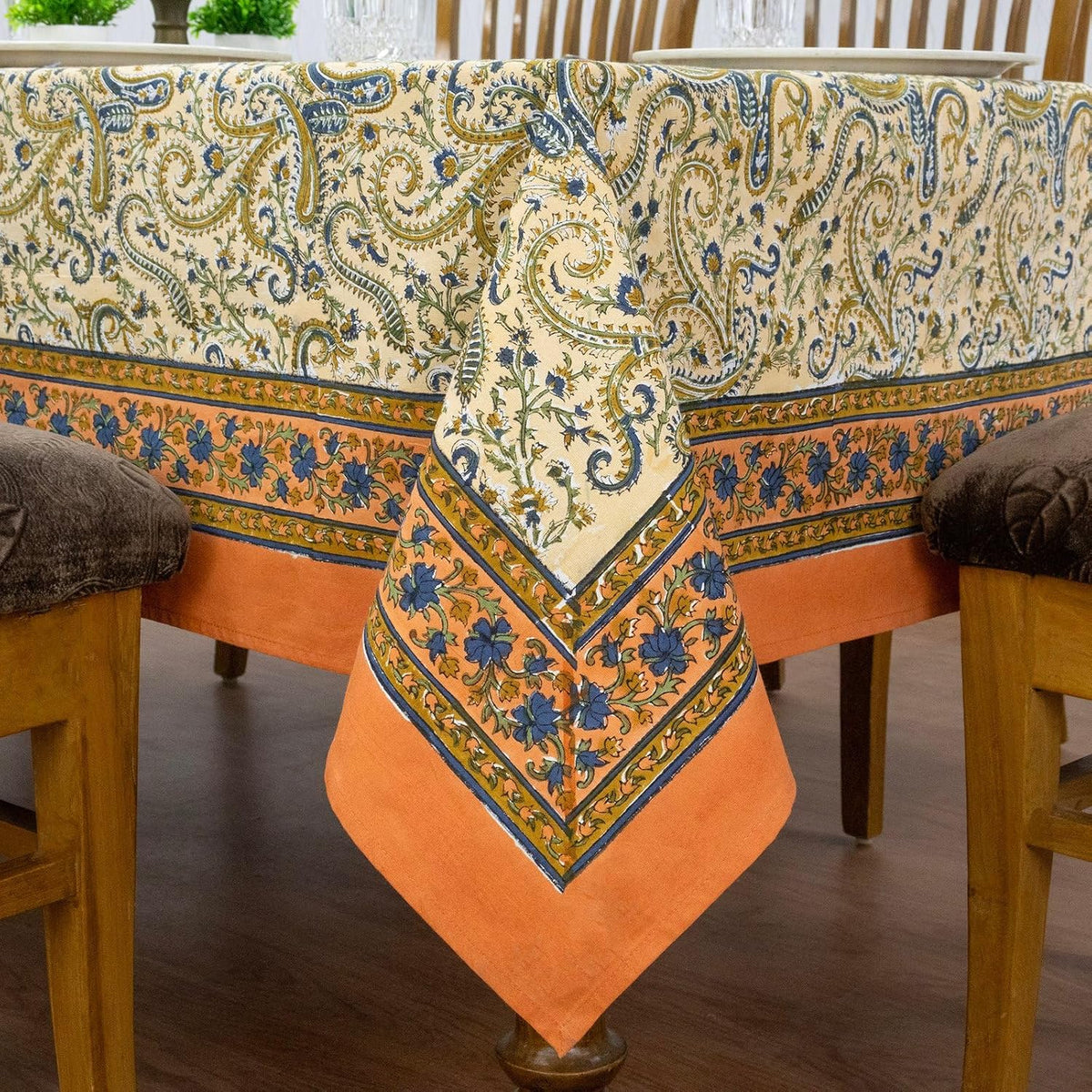 72x118 Inches Rectangle Hand Block Printed Cotton Tablecloth, Peach Blue Floral Table Cloths Washable, Indian Table Linen for Outdoor Thanksgiving Gifts Home Decor Dinning Outdoor