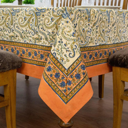 72x118 Inches Rectangle Hand Block Printed Cotton Tablecloth, Peach Blue Floral Table Cloths Washable, Indian Table Linen for Outdoor Thanksgiving Gifts Home Decor Dinning Outdoor