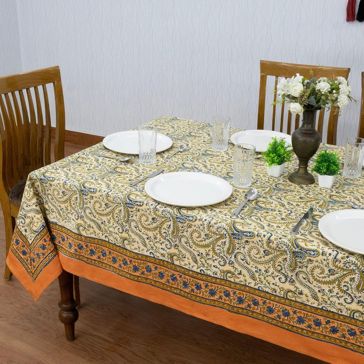 72x118 Inches Rectangle Hand Block Printed Cotton Tablecloth, Peach Blue Floral Table Cloths Washable, Indian Table Linen for Outdoor Thanksgiving Gifts Home Decor Dinning Outdoor