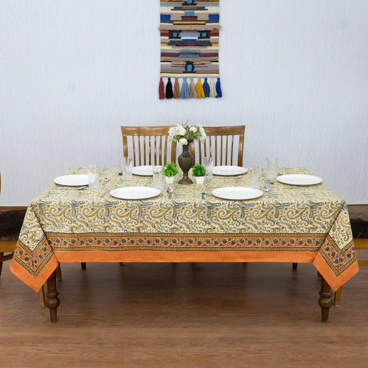 72x118 Inches Rectangle Hand Block Printed Cotton Tablecloth, Peach Blue Floral Table Cloths Washable, Indian Table Linen for Outdoor Thanksgiving Gifts Home Decor Dinning Outdoor
