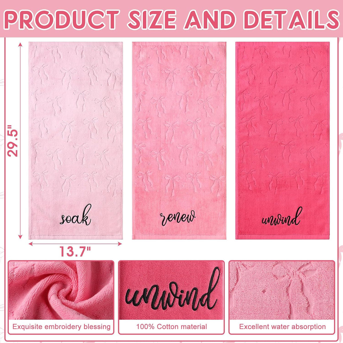 3 Pcs Pink Bow Hand Towels for Bathroom 13.7"x29.5"
