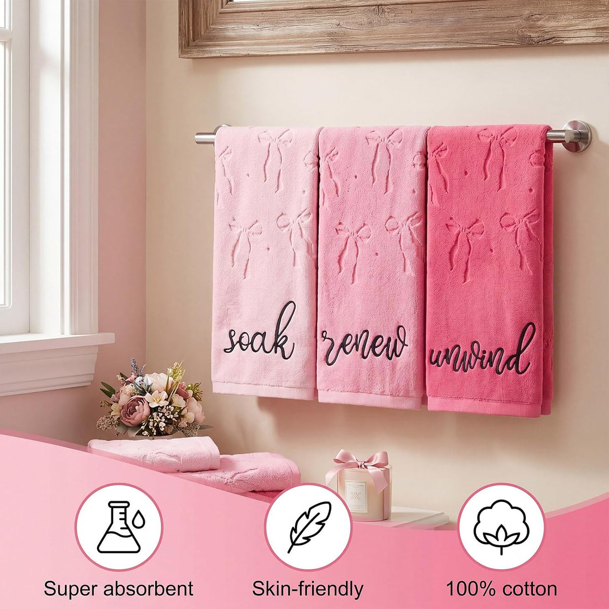 3 Pcs Pink Bow Hand Towels for Bathroom 13.7"x29.5"