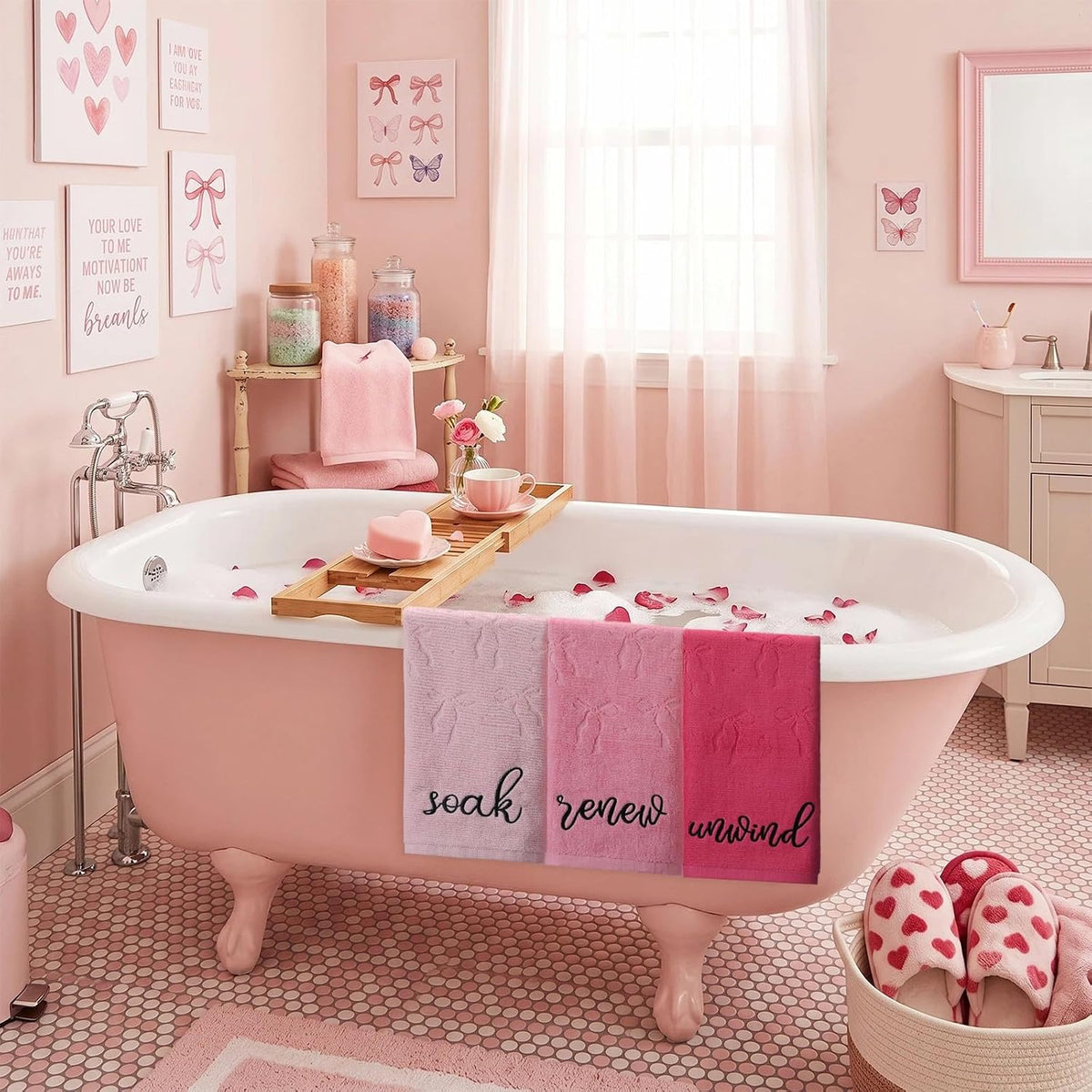 3 Pcs Pink Bow Hand Towels for Bathroom 13.7"x29.5"