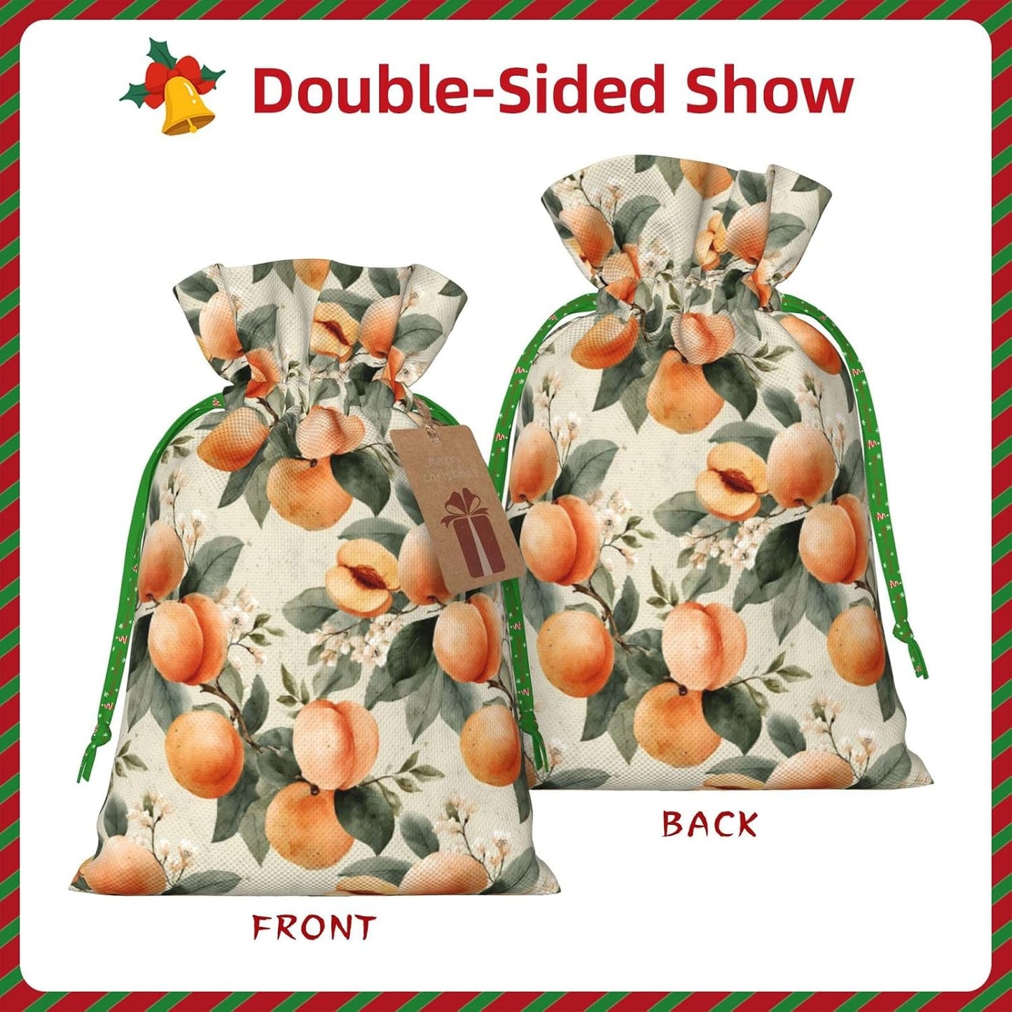 Peaches (2) Print Christmas Drawstring Gift Bags, Reusable Candy Treat Bags For Holiday Birthday Party