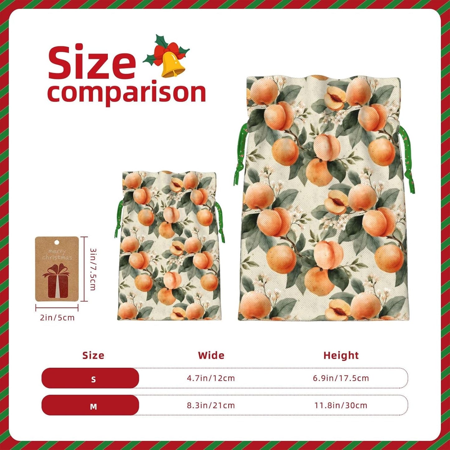 Peaches (2) Print Christmas Drawstring Gift Bags, Reusable Candy Treat Bags For Holiday Birthday Party