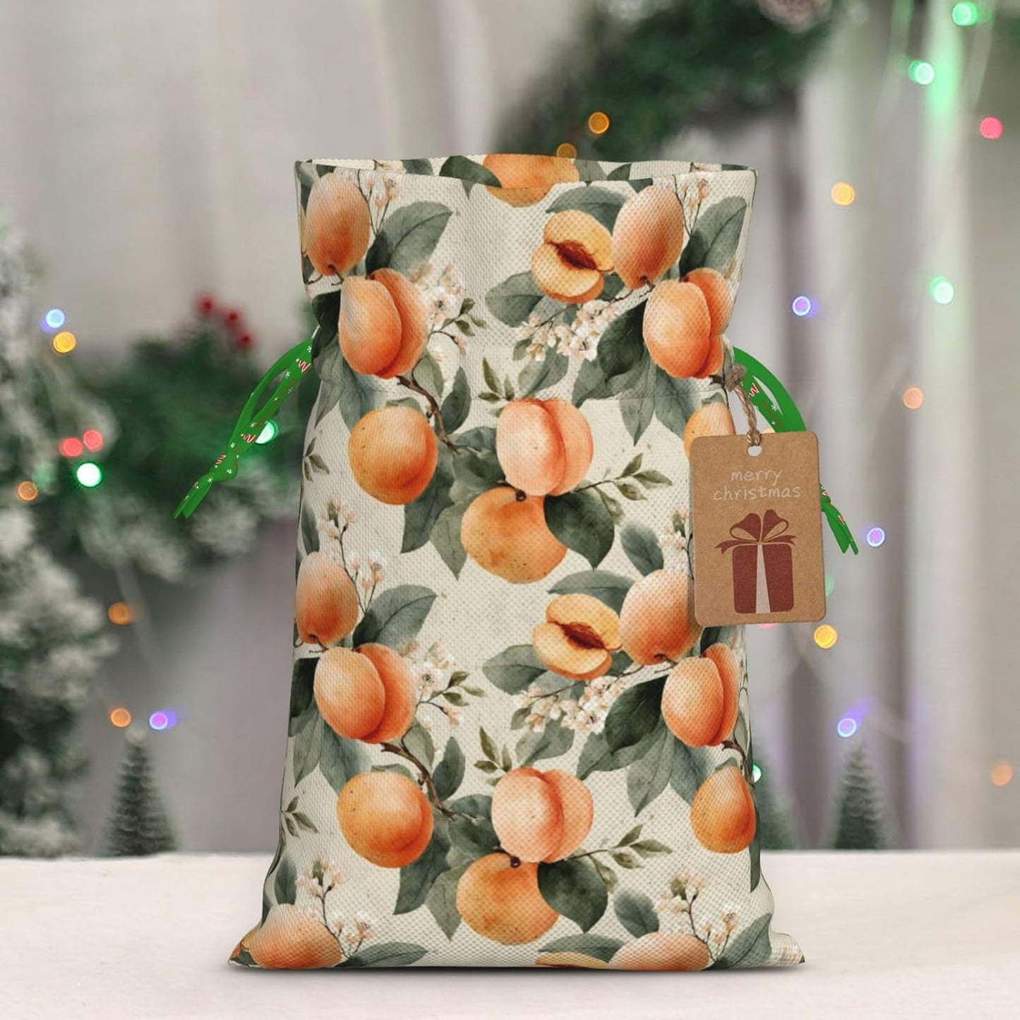 Peaches (2) Print Christmas Drawstring Gift Bags, Reusable Candy Treat Bags For Holiday Birthday Party