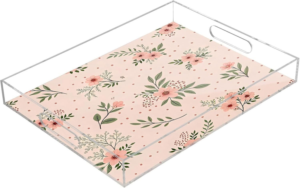 Elegant Flowers Pink Serving Tray 12" x 16" Acrylic Trays with Handles Decorative Serving Platter for Coffee, Breakfast in Bed, Dinner, Appetizers, Patio, Party
