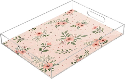 Elegant Flowers Pink Serving Tray 12" x 16" Acrylic Trays with Handles Decorative Serving Platter for Coffee, Breakfast in Bed, Dinner, Appetizers, Patio, Party