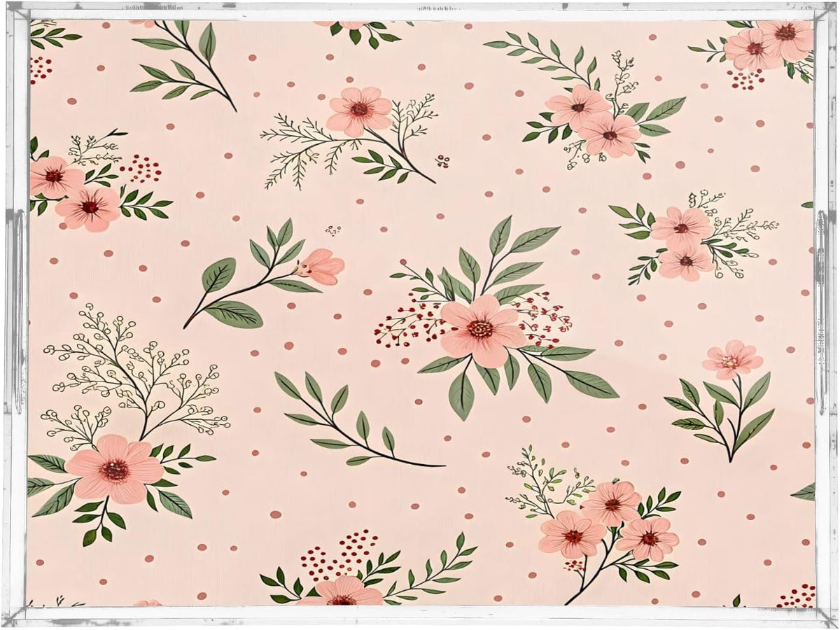Elegant Flowers Pink Serving Tray 12" x 16" Acrylic Trays with Handles Decorative Serving Platter for Coffee, Breakfast in Bed, Dinner, Appetizers, Patio, Party