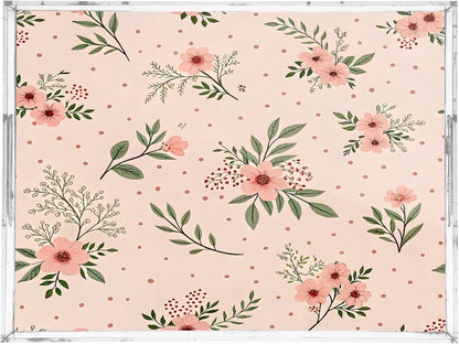 Elegant Flowers Pink Serving Tray 12" x 16" Acrylic Trays with Handles Decorative Serving Platter for Coffee, Breakfast in Bed, Dinner, Appetizers, Patio, Party