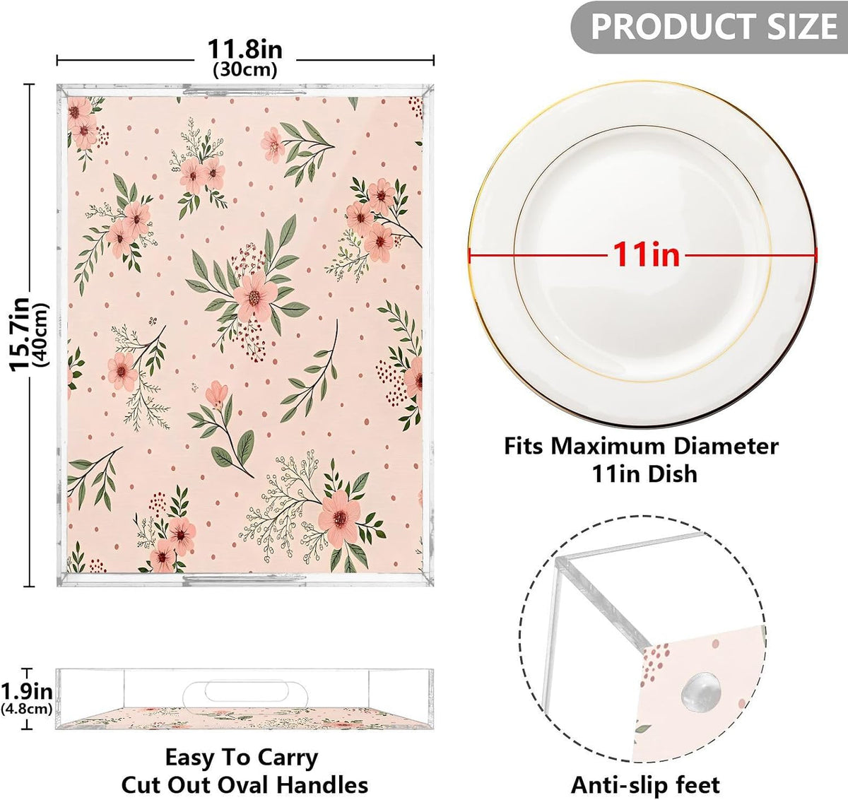 Elegant Flowers Pink Serving Tray 12" x 16" Acrylic Trays with Handles Decorative Serving Platter for Coffee, Breakfast in Bed, Dinner, Appetizers, Patio, Party
