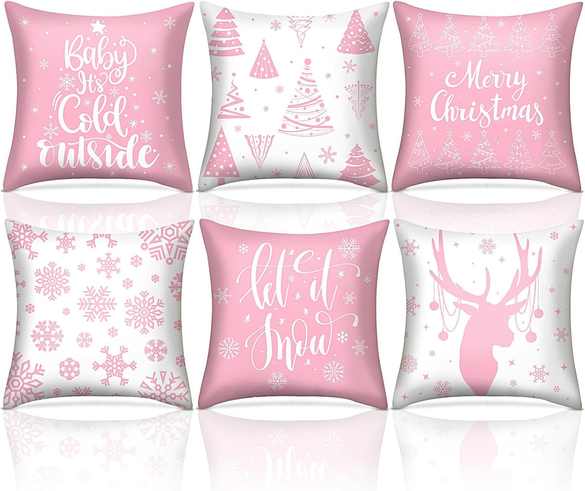 6 Pcs Christmas Throw Pillow Covers Xmas Snowflake,Pink