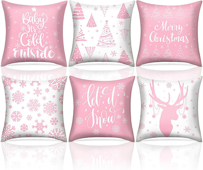6 Pcs Christmas Throw Pillow Covers Xmas Snowflake,Pink