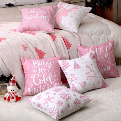 6 Pcs Christmas Throw Pillow Covers Xmas Snowflake,Pink