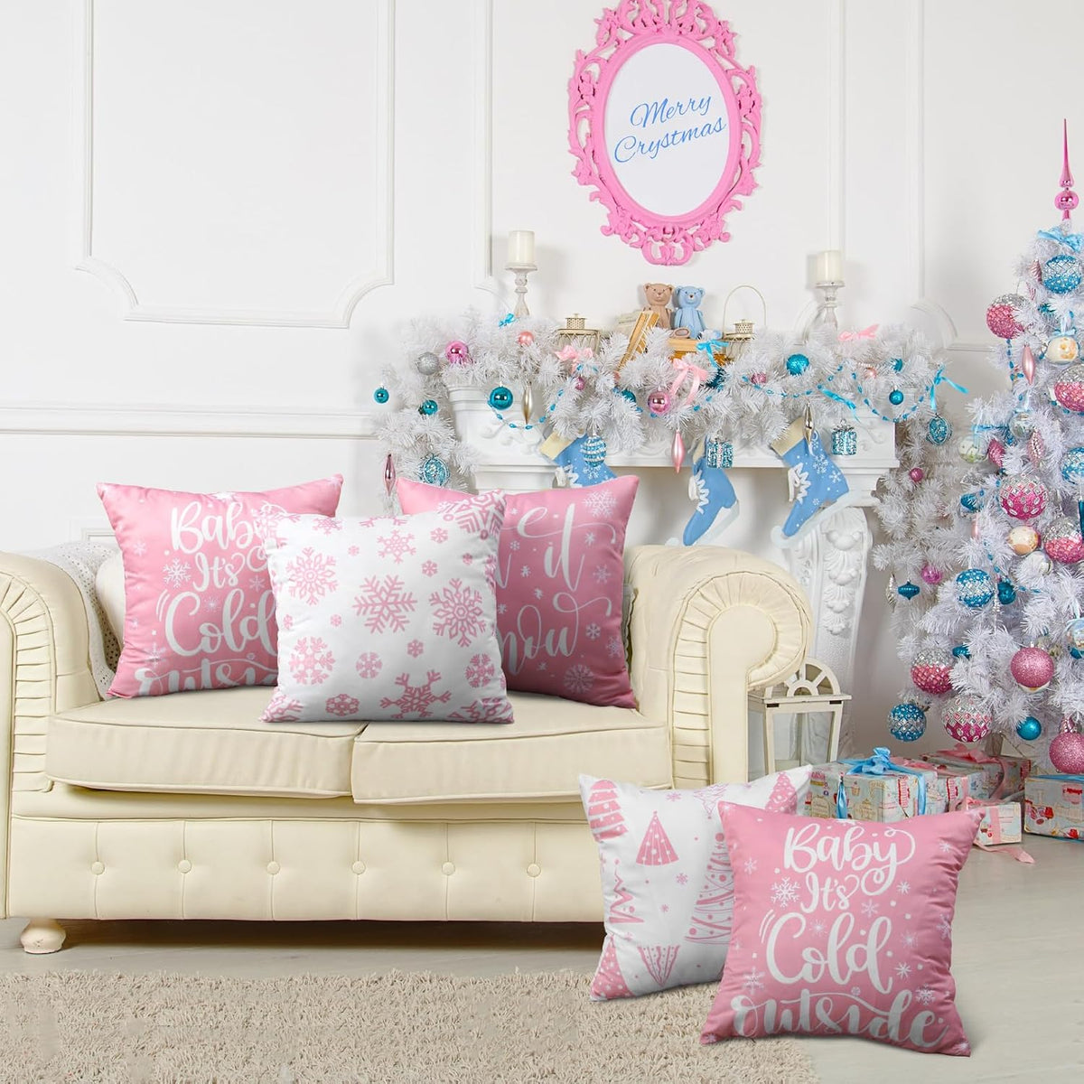 6 Pcs Christmas Throw Pillow Covers Xmas Snowflake,Pink