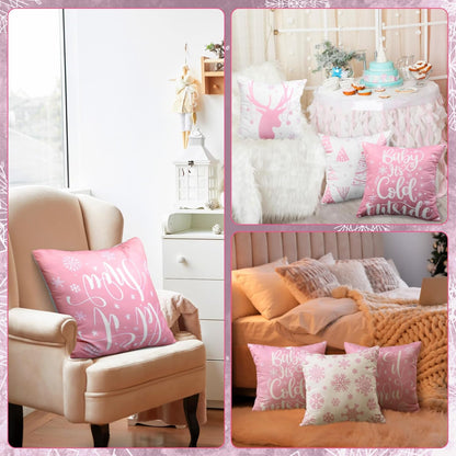 6 Pcs Christmas Throw Pillow Covers Xmas Snowflake,Pink