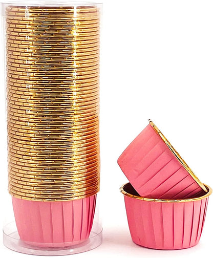 Cupcake Cups, 3.5 Oz 50 pcs Disposable Foil Muffin Liners, Gold Baking Cups, Ramekin Aluminum Cupcake Tip Pan Ramekin Holders, Little Baking Cups (50, Pink)