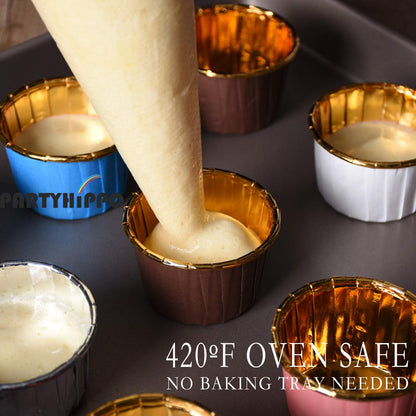 Cupcake Cups, 3.5 Oz 50 pcs Disposable Foil Muffin Liners, Gold Baking Cups, Ramekin Aluminum Cupcake Tip Pan Ramekin Holders, Little Baking Cups (50, Pink)