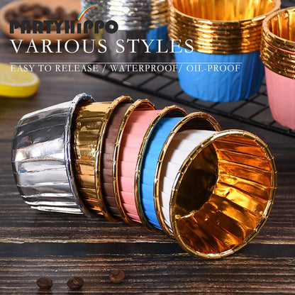 Cupcake Cups, 3.5 Oz 50 pcs Disposable Foil Muffin Liners, Gold Baking Cups, Ramekin Aluminum Cupcake Tip Pan Ramekin Holders, Little Baking Cups (50, Pink)