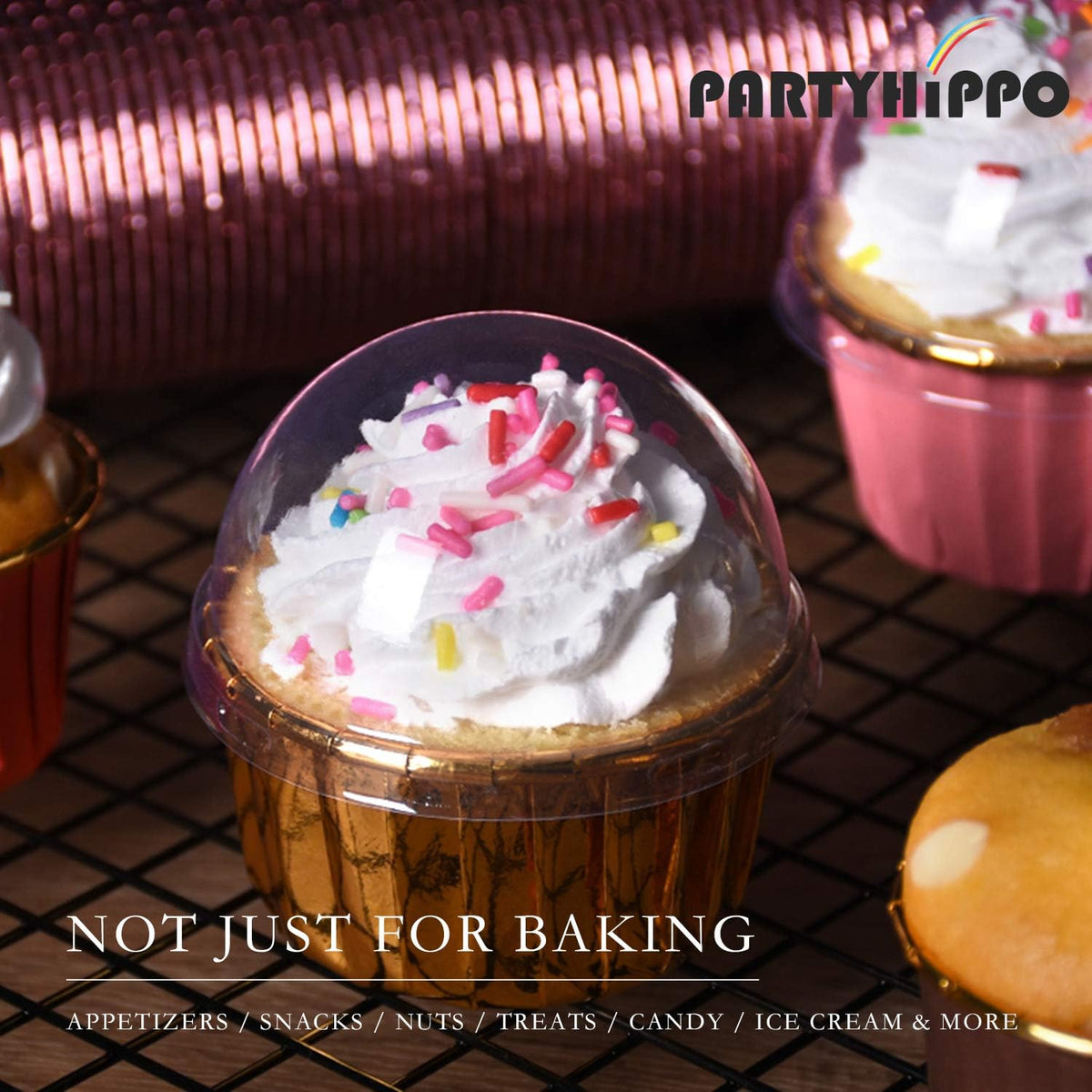Cupcake Cups, 3.5 Oz 50 pcs Disposable Foil Muffin Liners, Gold Baking Cups, Ramekin Aluminum Cupcake Tip Pan Ramekin Holders, Little Baking Cups (50, Pink)