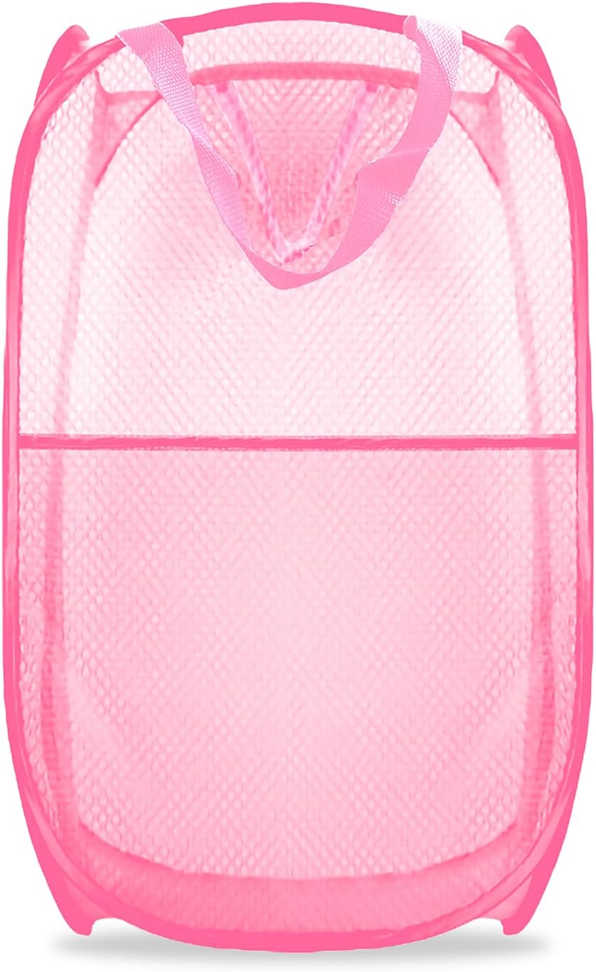 Collapsible Pop Up Laundry Hamper, Extra Large Mesh Foldable Laundry Basket, 28" x 16" x 16"(Pink)