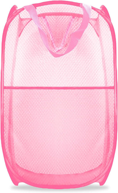 Collapsible Pop Up Laundry Hamper, Extra Large Mesh Foldable Laundry Basket, 28" x 16" x 16"(Pink)