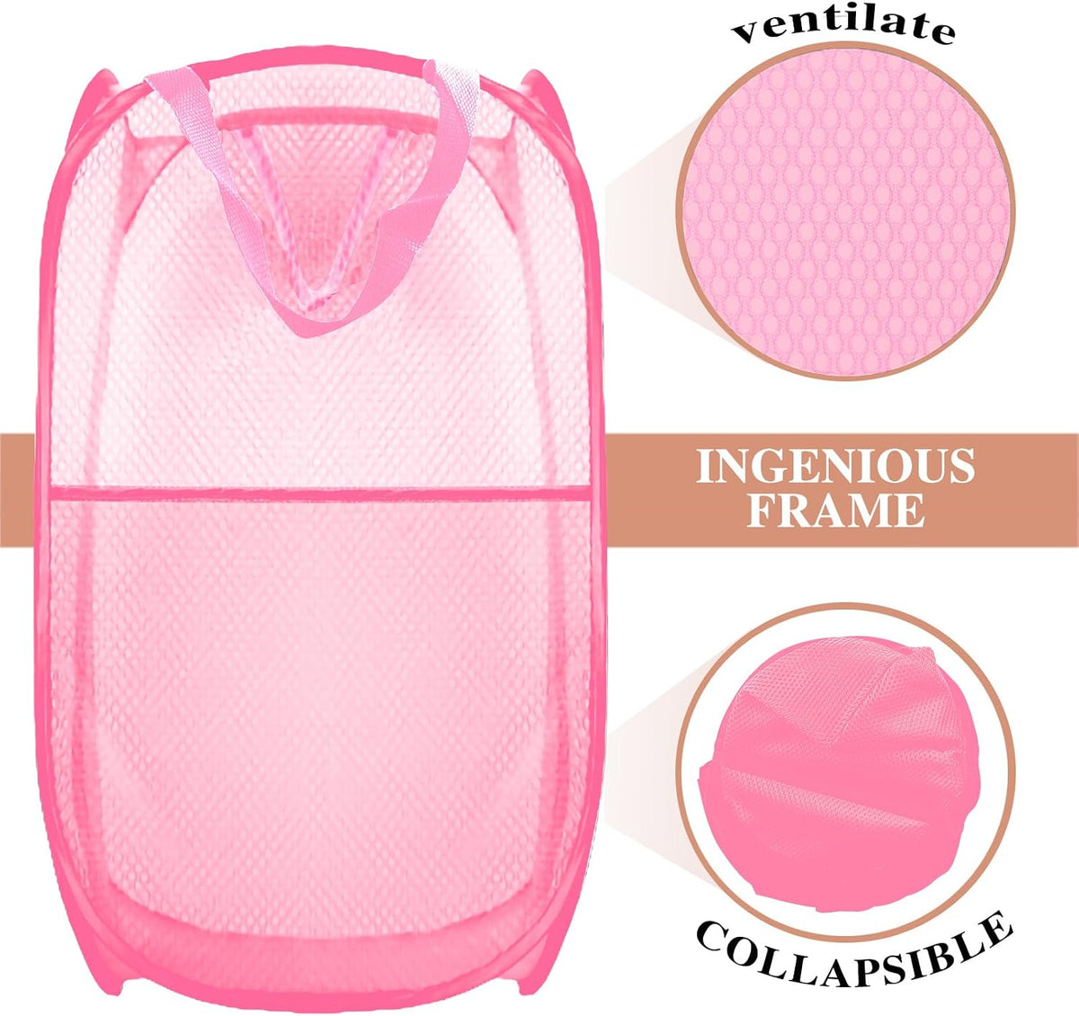 Collapsible Pop Up Laundry Hamper, Extra Large Mesh Foldable Laundry Basket, 28" x 16" x 16"(Pink)